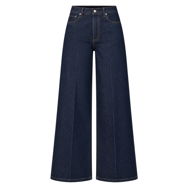 Dark wide-leg jeans with a high-rise waist