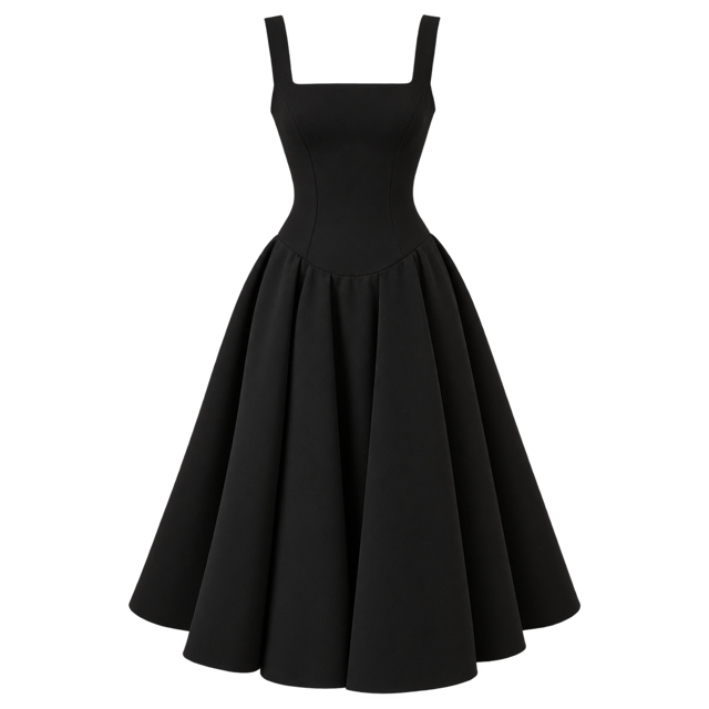 Sculpted black midi dress with a square neckline and defined waist