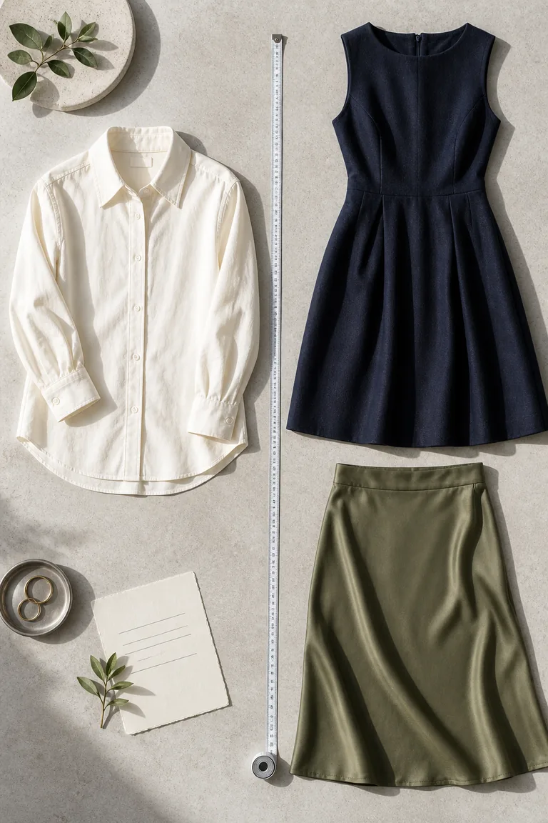 A top-down comparison of three garments arranged with a measuring tape