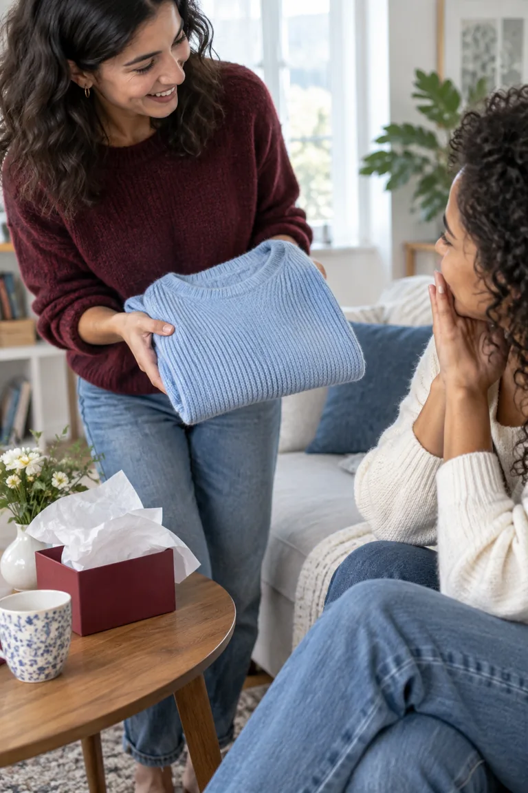 Two people sharing a blue knit gift in a bright living room