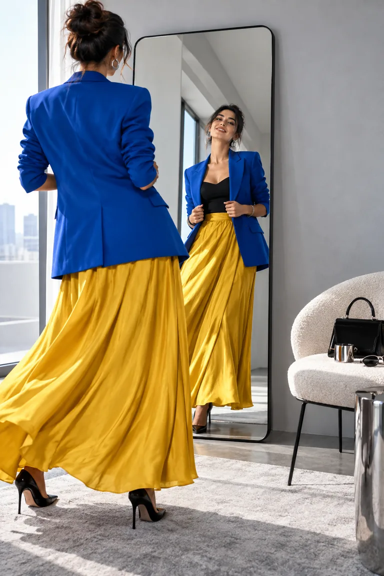 Trying a bold blue and yellow outfit in front of a mirror
