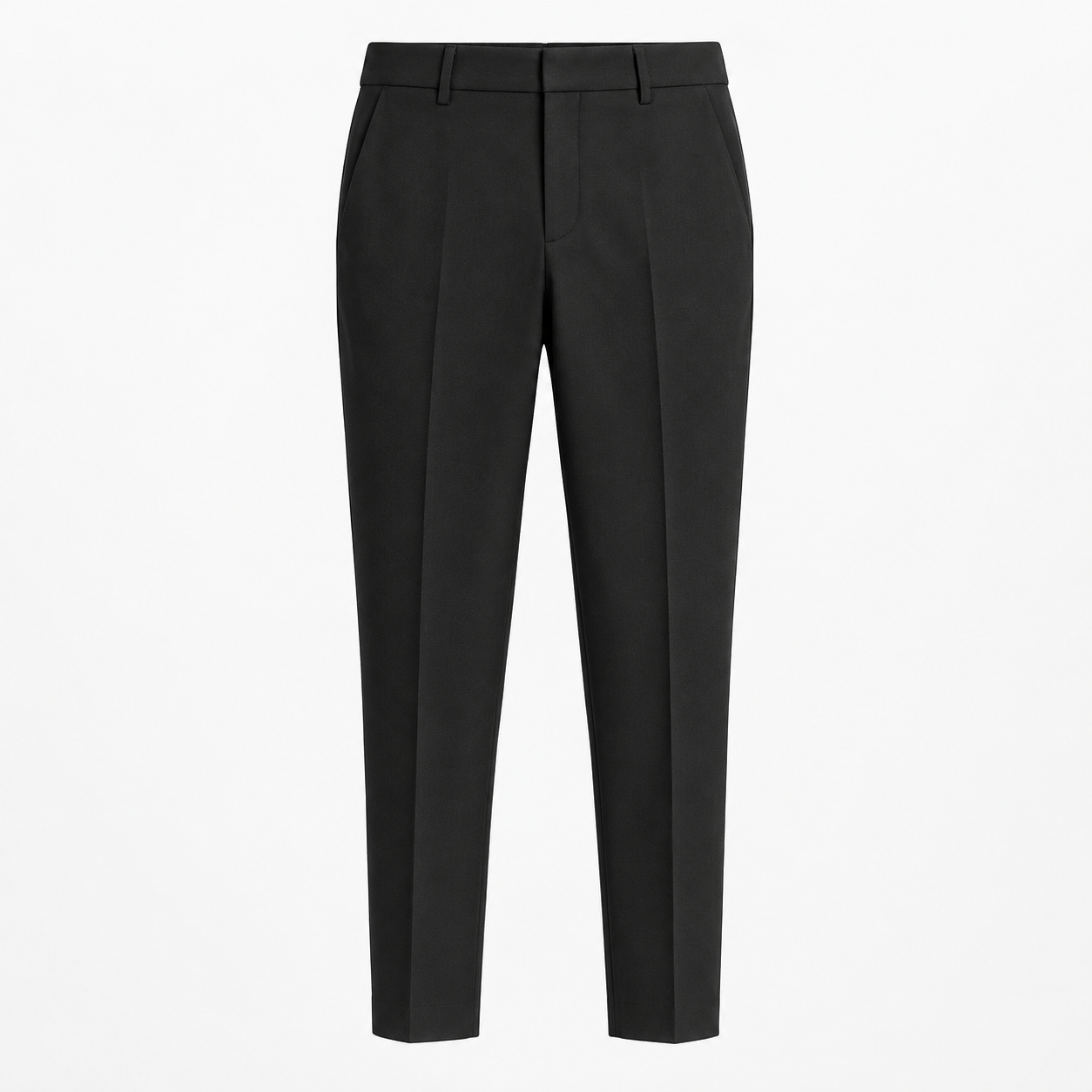 Black tapered tailored trousers with a structured waistband