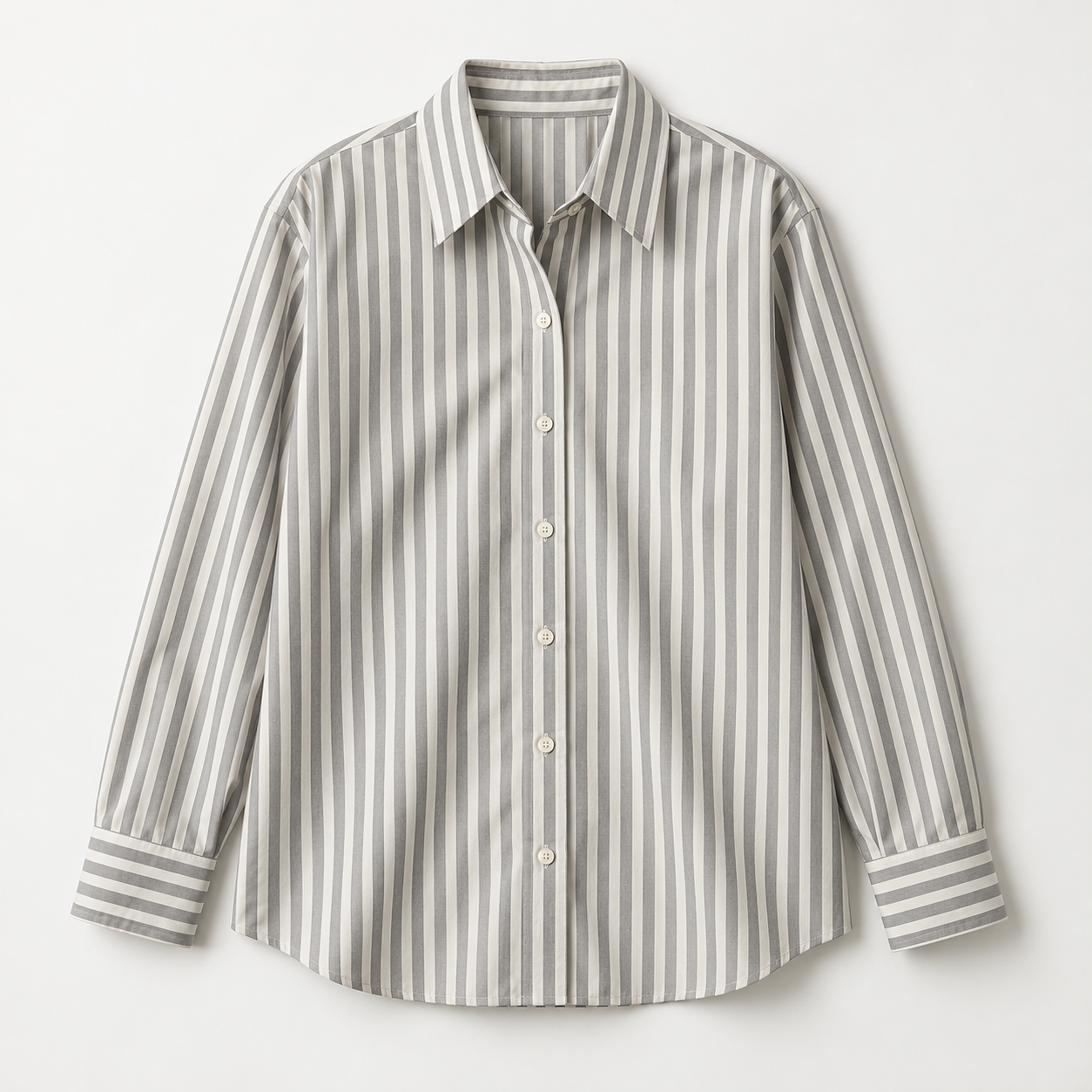 Grey and white striped button-up shirt